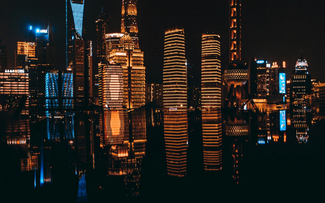 Cyberpunk cityscape reflection tokyo skyline free wallpaper - medium preview image