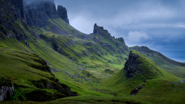 Mountain grassy field rocks cloudy free wallpaper - medium preview image