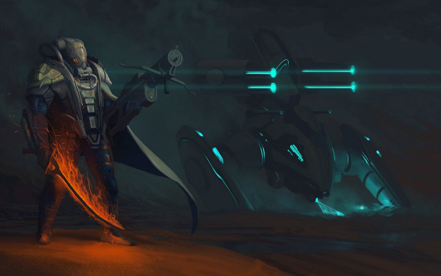 Futuristic man sword flame ship free wallpaper - medium preview image