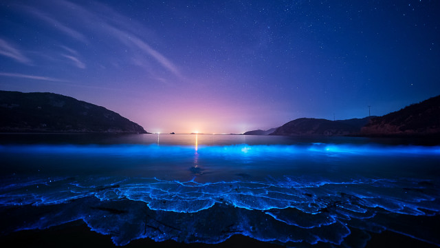 Starry sky mountains lake fireworks free wallpaper - medium preview image
