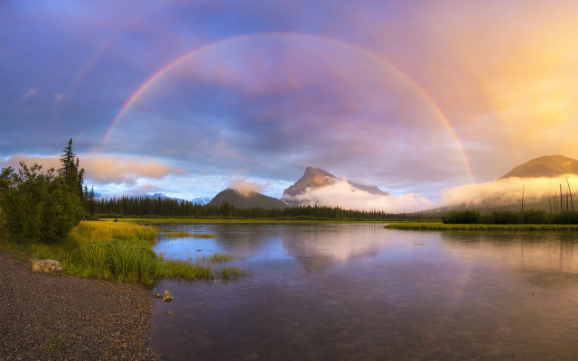 Rainbow over lake mountains sky free wallpaper - medium preview image