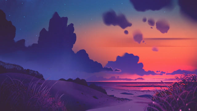 Sunset beach lighthouse clouds stars free wallpaper - medium preview image