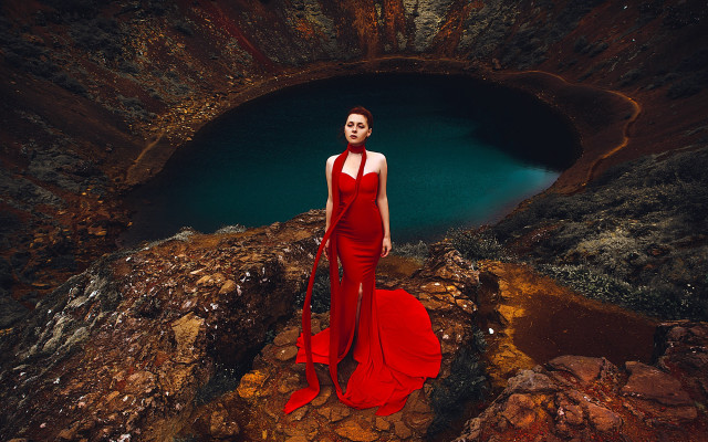 Woman red dress rock lake free wallpaper - medium preview image