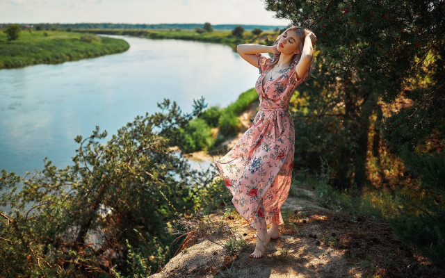 Woman dress cliff river nature free wallpaper - medium preview image