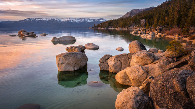 Lake rocks trees mountains snow free wallpaper - medium preview image