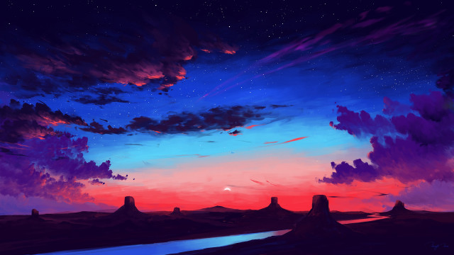Sunset river clouds stars matte free wallpaper - medium preview image