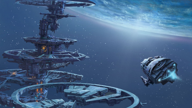 Futuristic space station ocean blue free wallpaper - medium preview image
