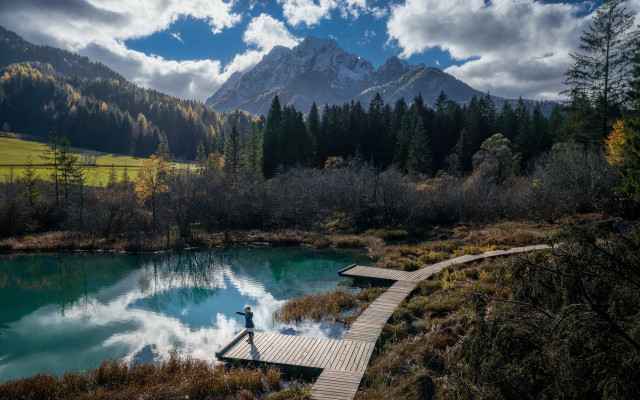 Mountain lake bridge forest sky free wallpaper - medium preview image