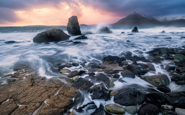 Rocky beach sunset mountains planet free wallpaper - medium preview image