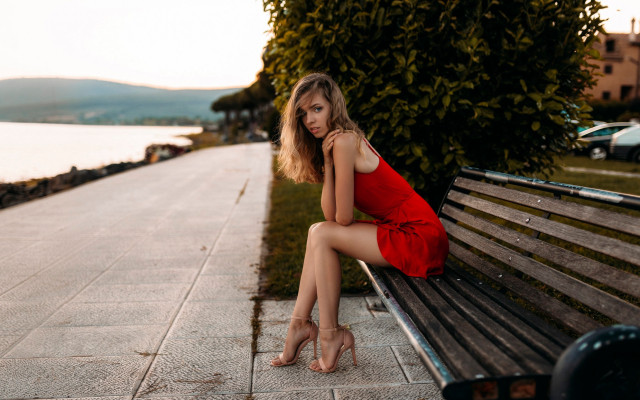 Woman red dress water bench free wallpaper - medium preview image