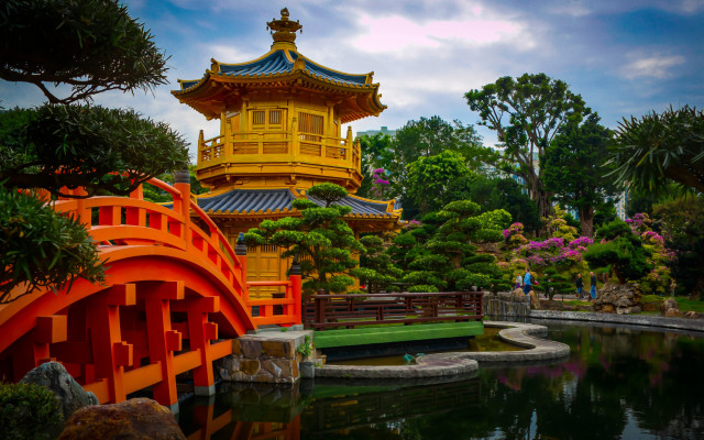 Yellow pagoda pond garden bridge free wallpaper - medium preview image