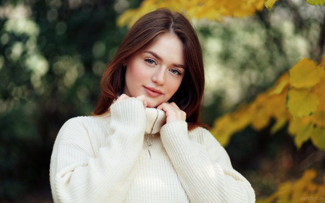 Woman white sweater autumn leaves #2 free wallpaper - medium preview image