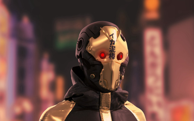 Golden hooded cyberpunk stadium night free wallpaper - medium preview image