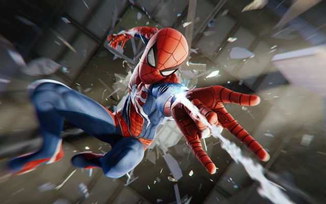 Spiderman flying shattered glass detailed free wallpaper - medium preview image