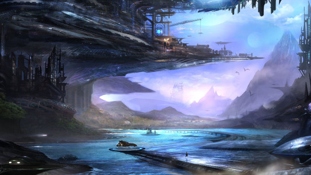 Futuristic city boat man matte free wallpaper - medium preview image