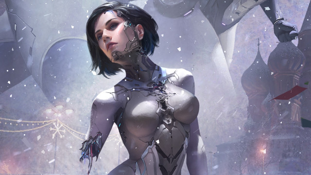 Futuristic woman snowy cyberpunk helmet free wallpaper - medium preview image