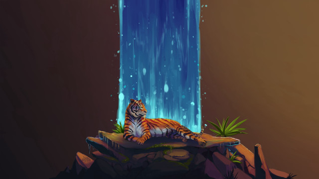 Tiger rock waterfall plant fantasy free wallpaper - medium preview image