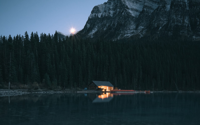 Mountain lake cabin fullmoon forest free wallpaper - medium preview image