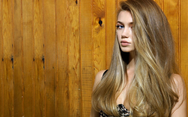 Woman longhair woodenwall photorealistic blonde free wallpaper - medium preview image