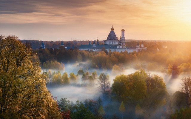 Foggy landscape church trees sunset free wallpaper - medium preview image