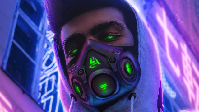 Futuristic man mask green eyes free wallpaper - medium preview image