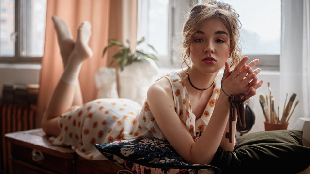 Woman bed blurry floral portrait free wallpaper - medium preview image