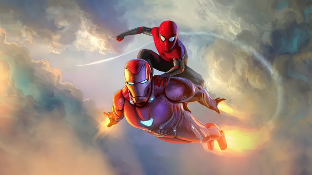 Spiderman ironman flying clouds dusk free wallpaper - medium preview image