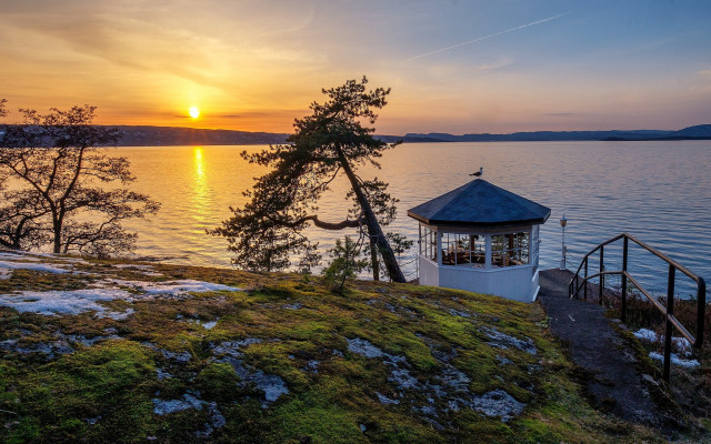 Gazebo hill lake sunset tree free wallpaper - medium preview image