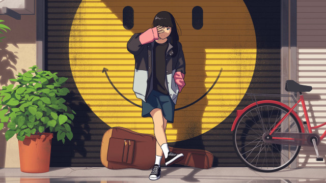 Woman yellowdoor bike cyberpunk anime free wallpaper - medium preview image