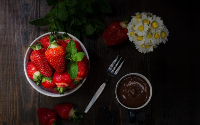 Strawberries chocolate bowl flower cutlery free wallpaper - medium preview image