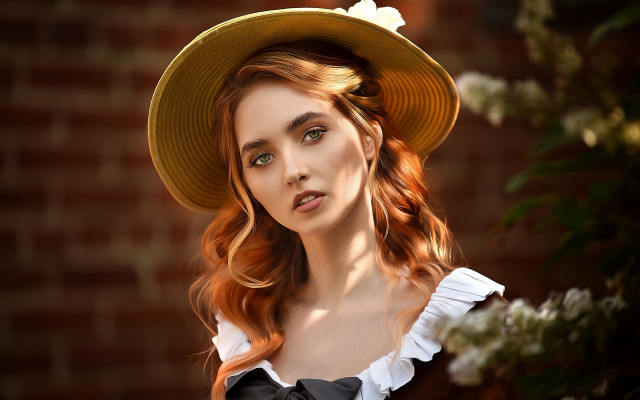Woman hat dress flower brick free wallpaper - medium preview image
