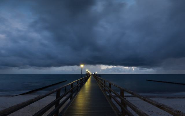 Pier light night water clouds free wallpaper - medium preview image