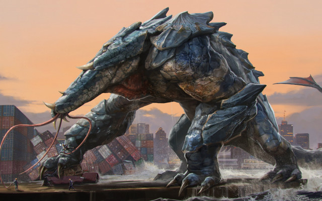 Giant dinosaur cityscape man suit free wallpaper for desktop - medium preview image