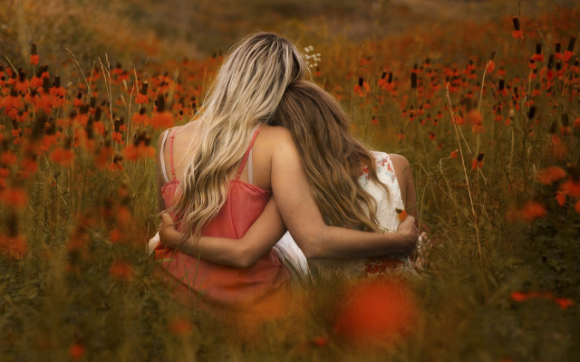 Two women hugging flower field free wallpaper - medium preview image
