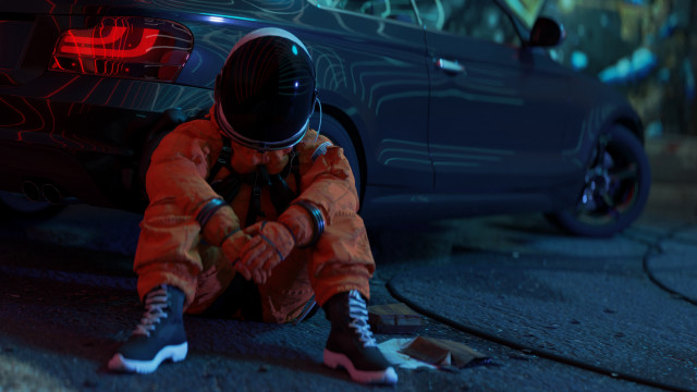 Space suit person sitting car free wallpaper - medium preview image