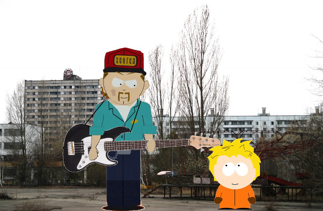 Cartoon character guitar park buildings free wallpaper - medium preview image