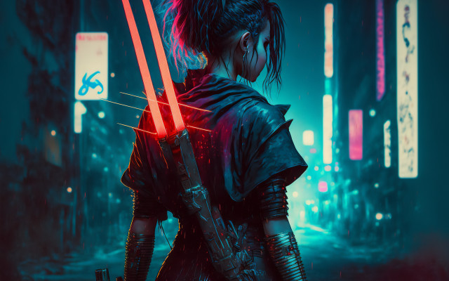 Woman neon lightsabers cyberpunk city free wallpaper - medium preview image