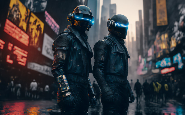 Futuristic suits rainy city neon free wallpaper - medium preview image