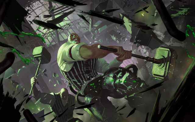 Muscular man hammer pickaxe green free wallpaper - medium preview image