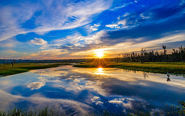Sunset river clouds shore bridge free wallpaper - medium preview image