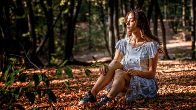 Woman sitting woods blurry background free wallpaper - medium preview image