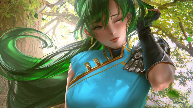 Green hair blue dress forest free wallpaper - medium preview image