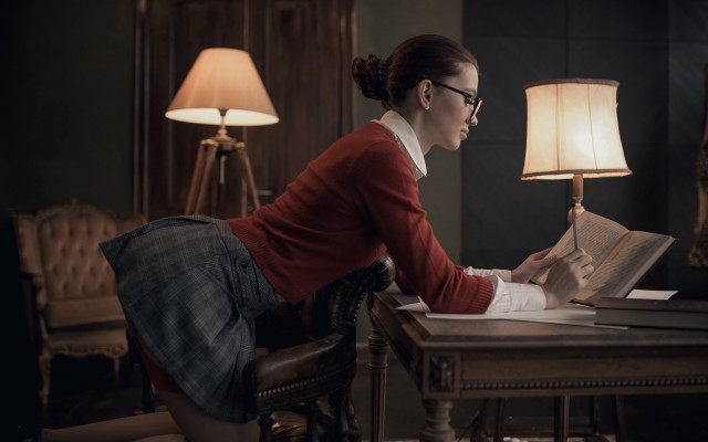 Woman reading book lamp library free wallpaper - medium preview image