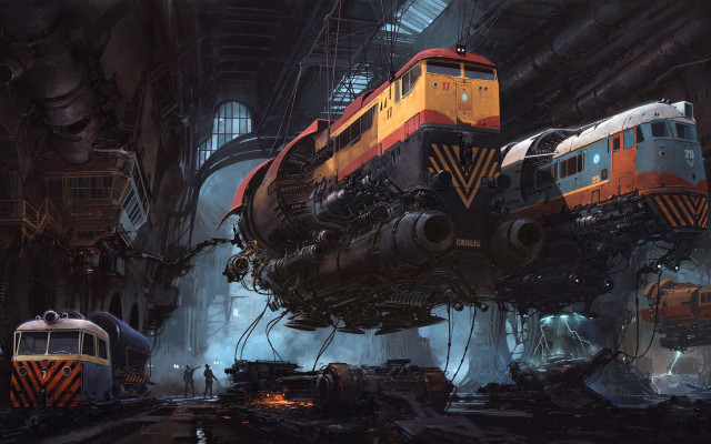Flying train industrial building retrofuturism free wallpaper - medium preview image