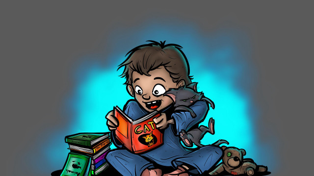 Cartoon boy sitting book mouse free wallpaper for desktop - medium preview image