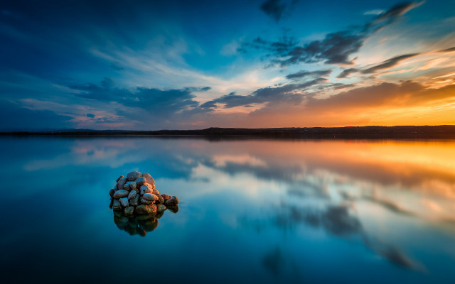 Rock lake sunset clouds portrait free wallpaper - medium preview image