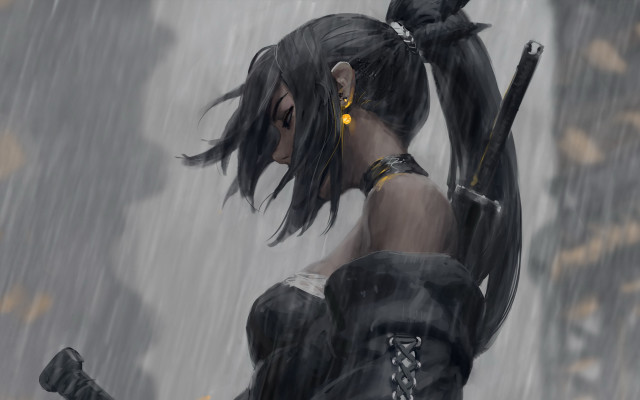 Woman rain cyberpunk cat sword free wallpaper - medium preview image