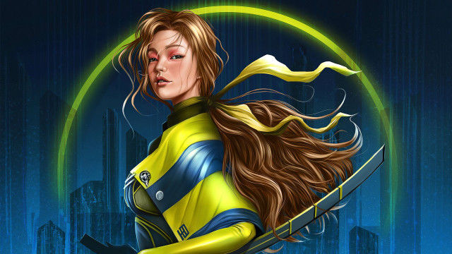 Woman yellow blue suit retrofuturism free wallpaper - medium preview image