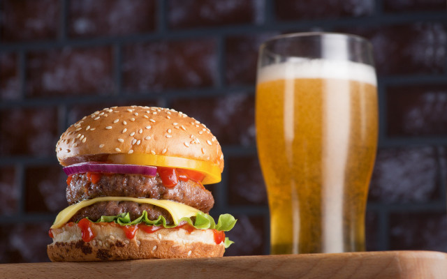 Hamburger beer wooden table brick free wallpaper - medium preview image