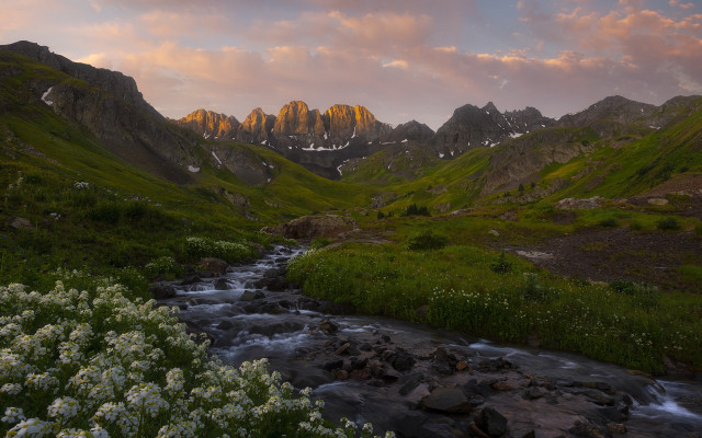 Lush valley stream mountains sunset free wallpaper - medium preview image